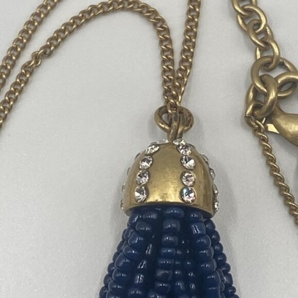 J. Crew Necklace Blue Bead Rhinestone Tassel Gold Tone Pendant 30+3"  5" Drop - Picture 6 of 7